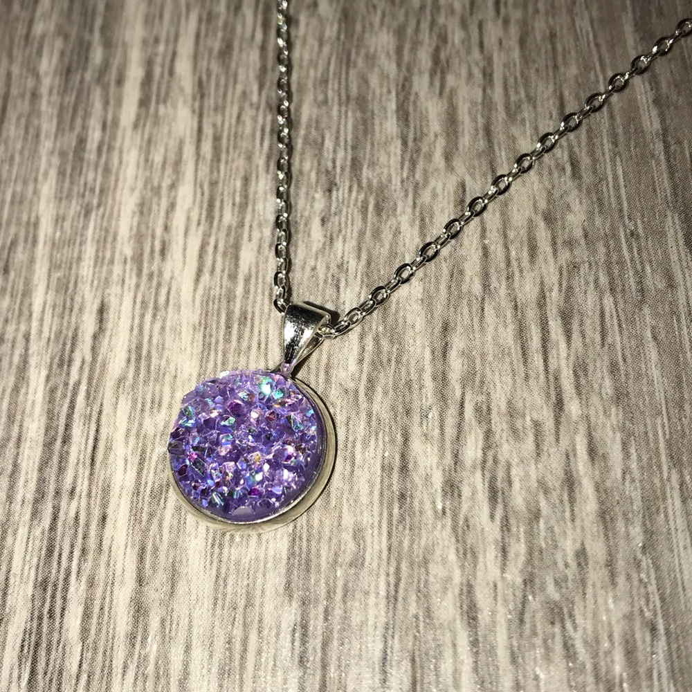 Purple Iridescent Druzy w/Silver Necklace